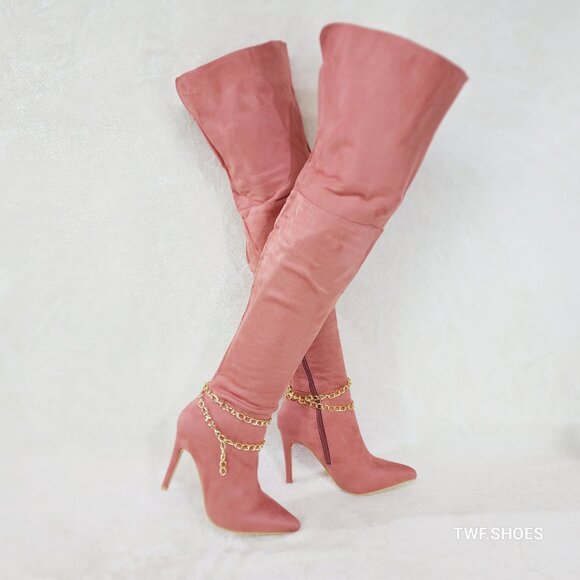 Bad Girlz Dusty Rose Blush Pink Faux Suede Wide Top Thigh High Boots Chain - Picture 2 of 14